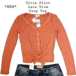 ULTRA FLIRT CROP TOP | NWT | LACE TRIM | TIE-FRONT | CROP TOP